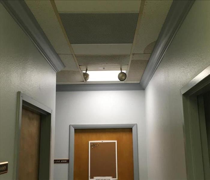visible dark water stains on ceiling tile in office hallway